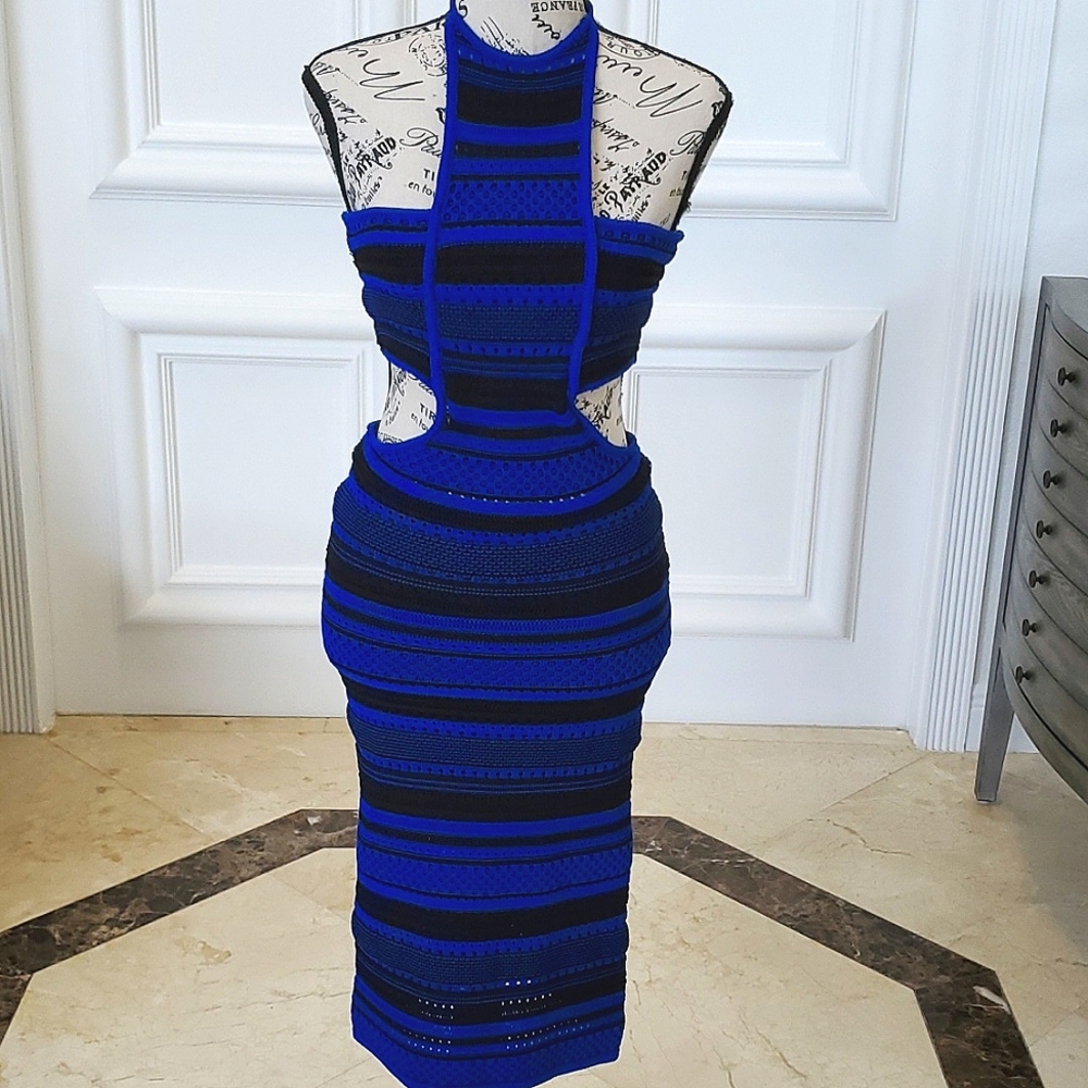 BEBE crochet midi dress  with cut out sides Royal blue & black size M